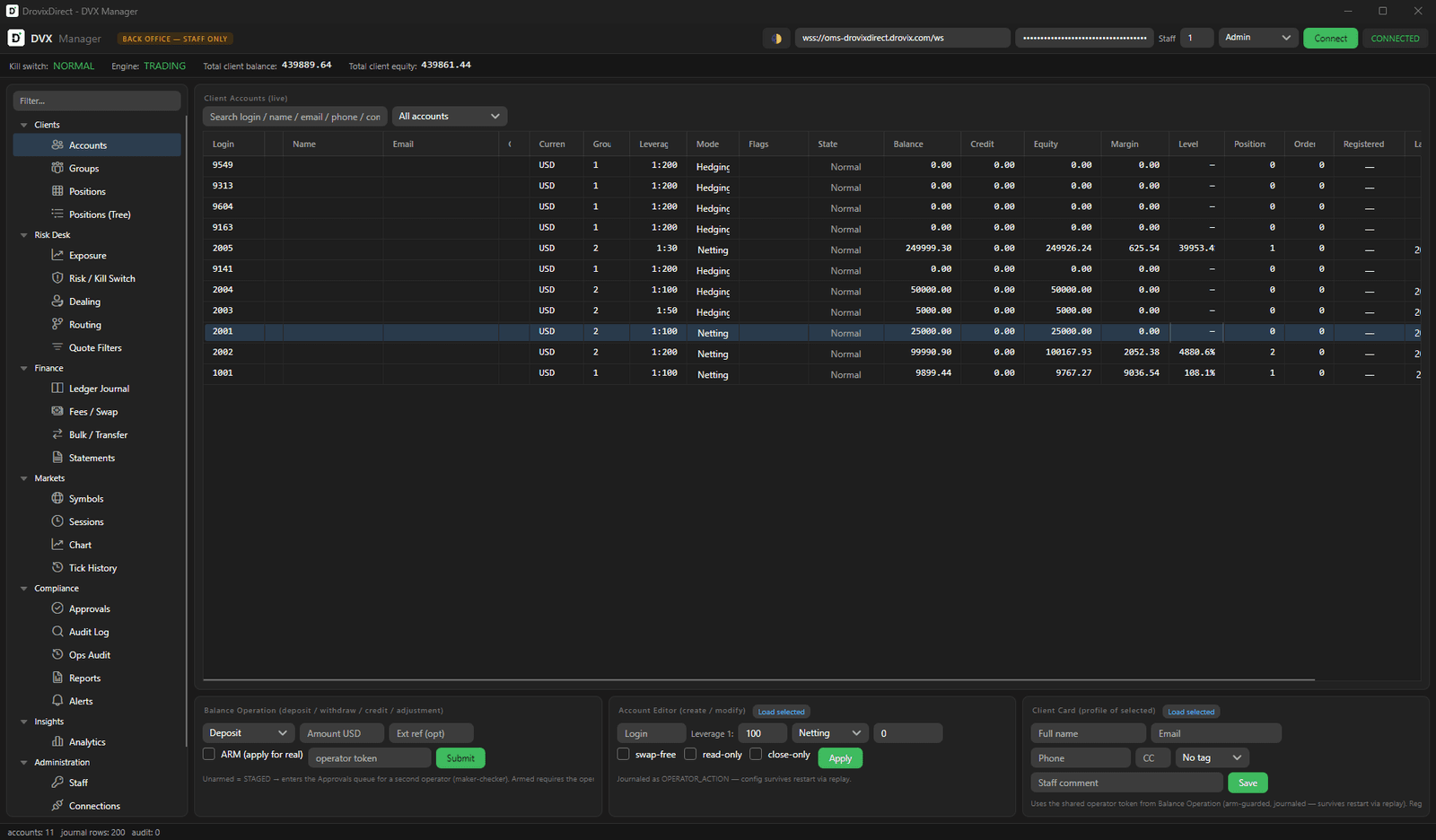 DVX Manager — live client accounts grid